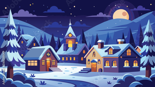 Snowy Winter Village Houses with Lights, Moon, and Starry Night Sky Illustration