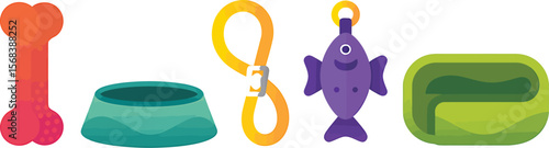 Illustration of a dog bone a bowl a rope a fish toy and a dog bed in a row