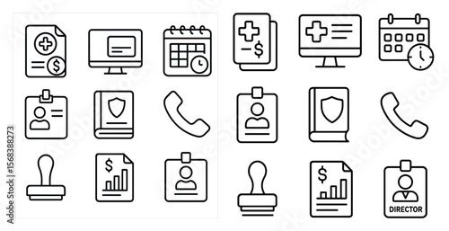 Set of icons for a medical office. The icons include a computer, a phone, a calendar, a book, a dollar sign, a person, a pen, a stethoscope, a clock, and a badge
