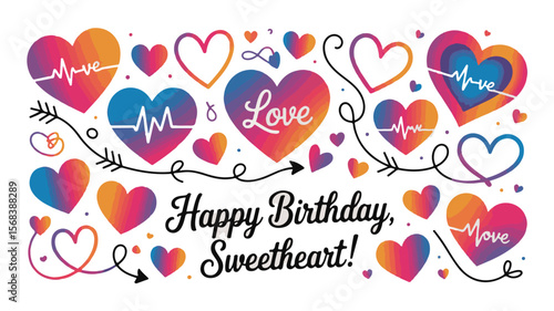 Vector art of happy birthday sweetheart with colorful hearts and love