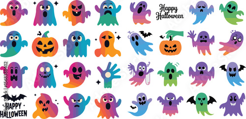 Vector art of happy halloween with colorful ghosts and pumpkins