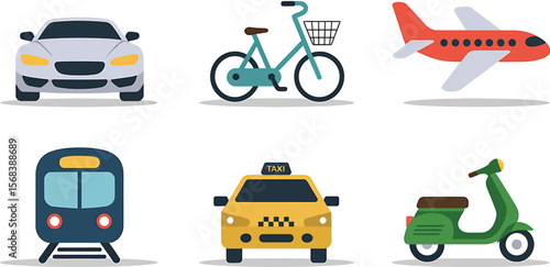 A flat vector illustration showcasing six different modes of transportation icons