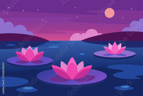 floating pink water lilies on still lake at dusk