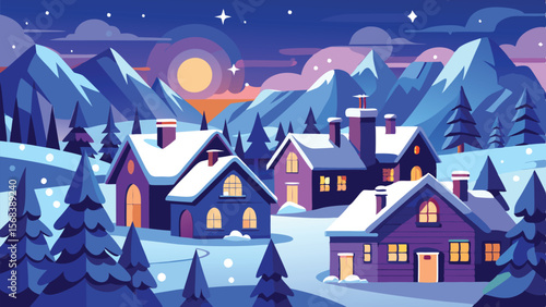 Charming Winter Village Illustration with SnowCovered Houses, Mountains, and Starry Night Sky