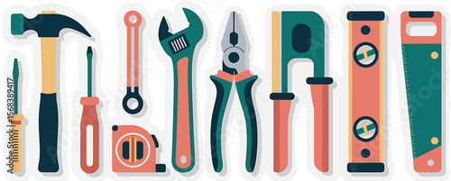 A flat lay illustration of various hand tools arranged on a white background