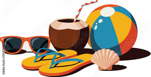 A still life of beach essentials including a coconut drink and beach ball item