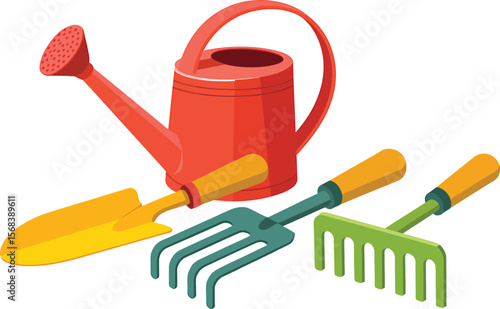 A red watering can with a yellow trowel and green rake on a white background