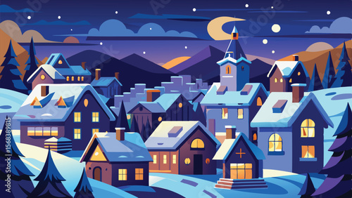 Snowy Village Night Scene Cartoon Houses, Crescent Moon, Mountain Backdrop, and Starry Sky
