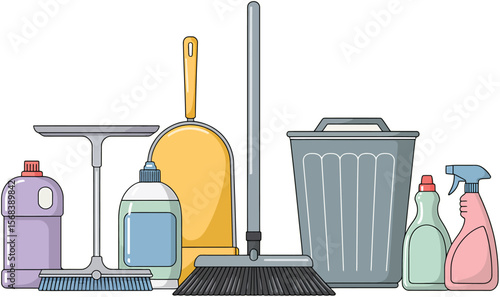 Illustration of cleaning supplies including bottles and a broom on white background