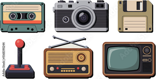 Illustration of retro technology gadgets including camera tape radio and tv set