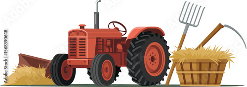 Illustration of a red tractor with farming tools and hay on a light background