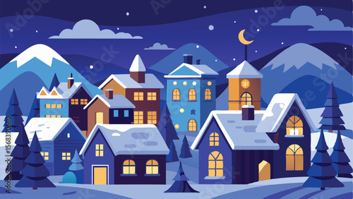 Illustrated Winter Village Scene with Snowy Houses, Mountains, and Crescent Moon at Night