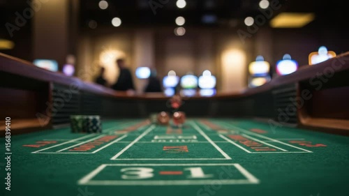 Casino Craps Table Close Up - A close-up shot focuses on dice on a craps table in a casino. The background is blurred, showing other players and slot machines.