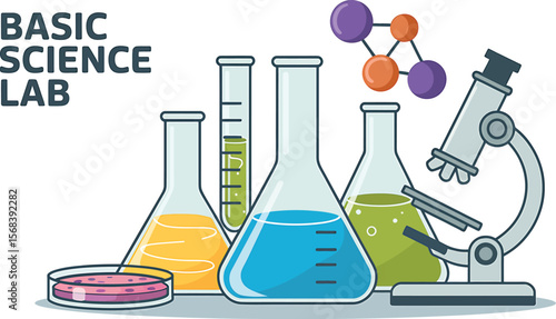 Illustration of laboratory equipment including beakers and a microscope setup