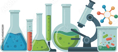 Illustration of science lab equipment with beakers and microscope on white background