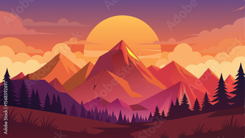 Flat Vector Landscape of Vibrant Mountains, Evergreen Trees, and a Stunning Sunset View