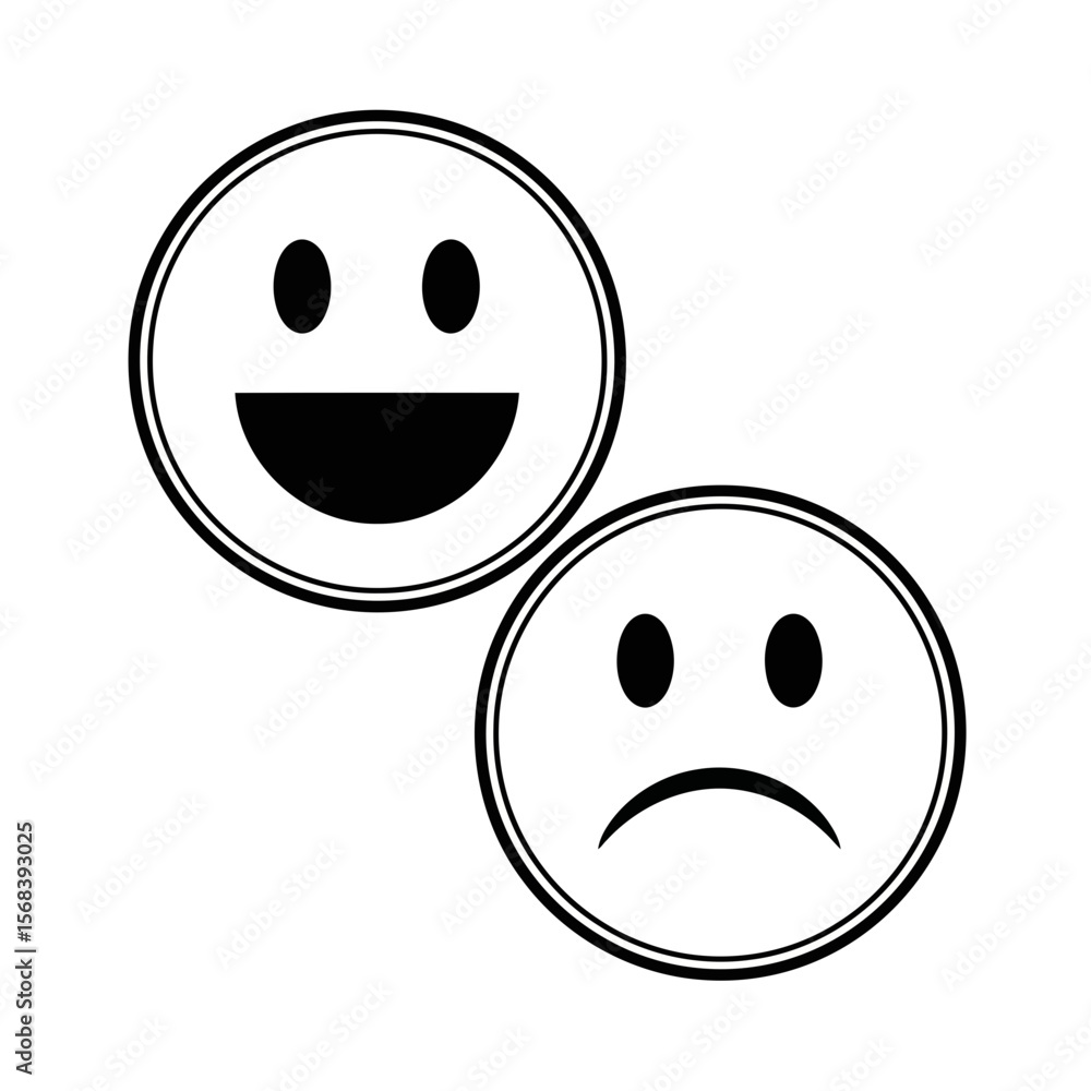 Fototapeta premium Vector art of two contrasting smiley faces, one happy and one sad, isolated on white background