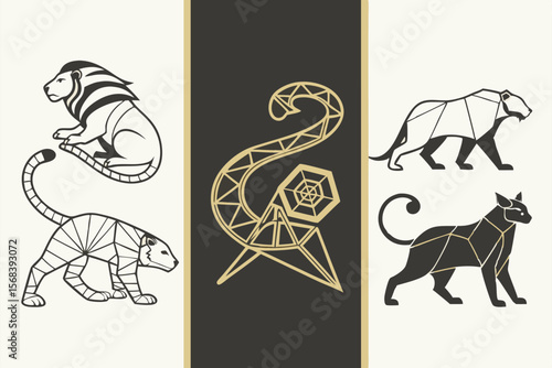 abstract animal icons, minimalist animal vector illustrations, flat design animal shapes, geometric animal symbols, Chinese zodiac animal designs, oriental animal art, gold and black color palette