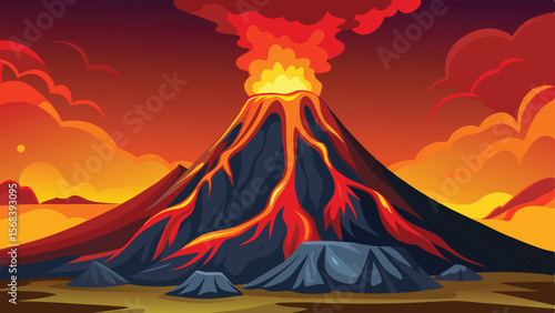 Cartoon Volcano Eruption with Lava Flowing Down Mountain and Fiery Orange Sky Graphic
