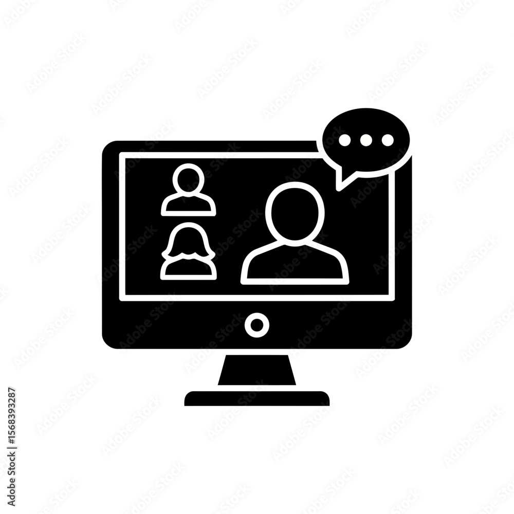 Vector art of a computer monitor displaying a video conference with three people and a speech bubble, isolated on white background Vector art of a computer monitor displaying a video conference with three people and a speech bubble, isolated on white background