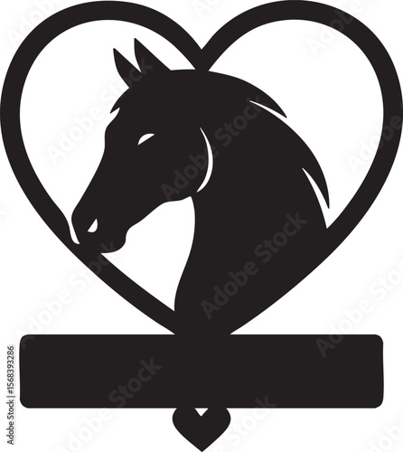 Elegant black silhouette horse head within heart frame; customizable banner below; romantic, equine-themed design.