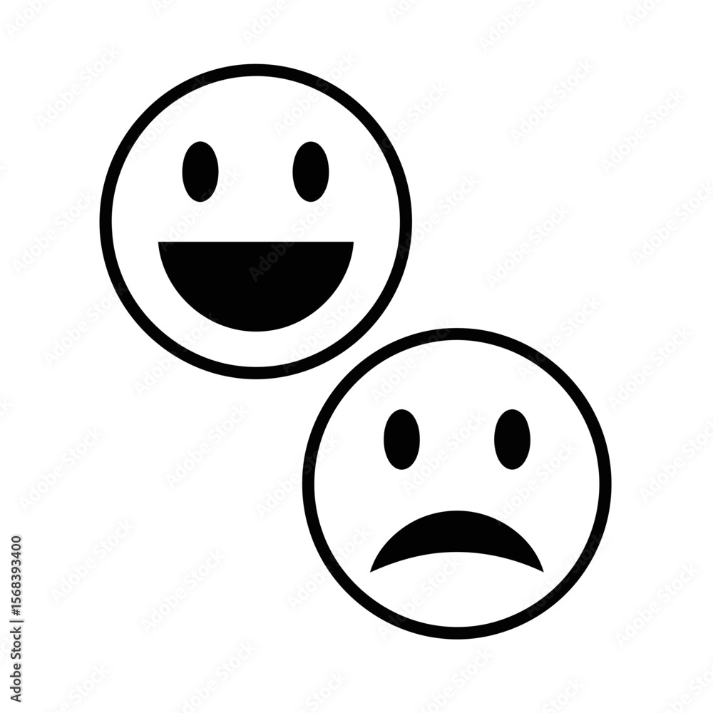 Fototapeta premium Vector art of two simple faces, one happy and one sad, isolated on white background