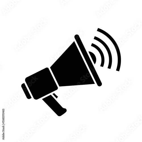 Vector art of a black and white illustration of a megaphone emitting sound waves, isolated on white background