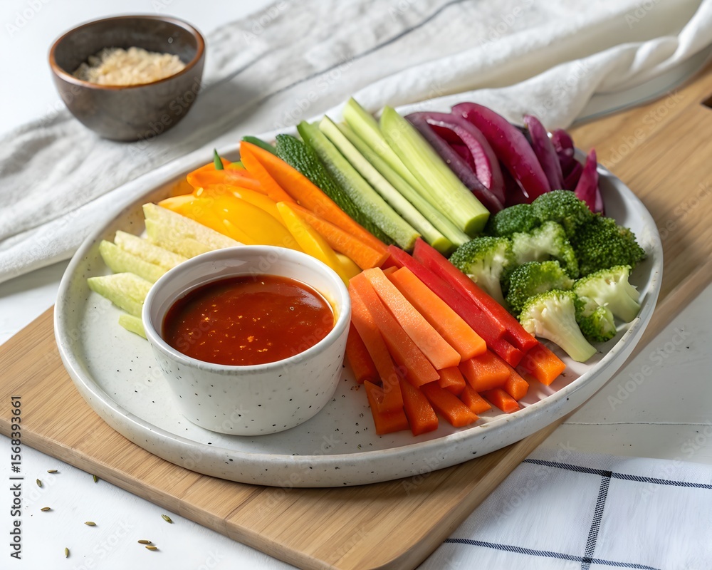 Vibrant Plated Rainbow Vegetable Mix with Sauce Cup on White Background Vibrant Plated Rainbow Vegetable Mix with Sauce Cup on White Background