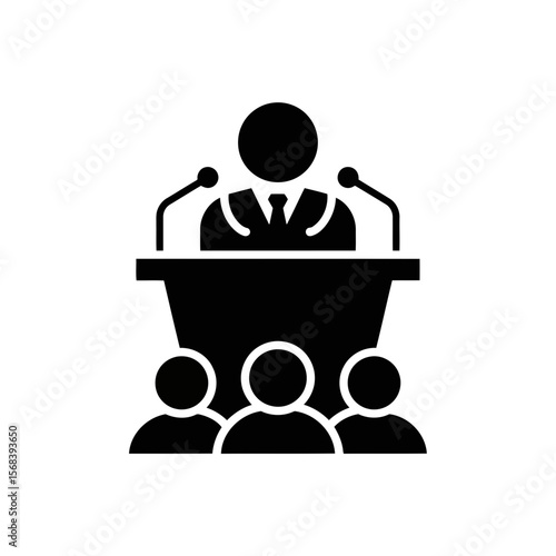Vector art of a black icon of a speaker at a podium with microphones, addressing an audience, isolated on white background