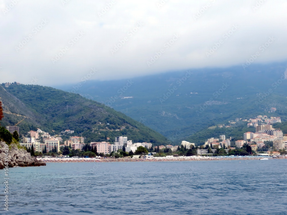 Fototapeta premium Beautiful Coastal View of Budva in Montenegro Showcasing Hotels and Beach Along the Marina