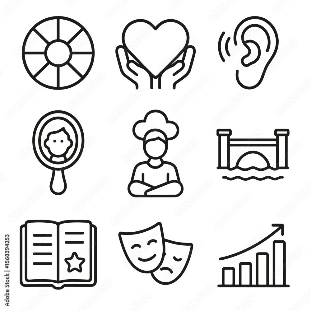 Emotional Intelligence Icons. Outline style icons of Emotional Intelligence Workshop: feelings wheel, empathy heart, active Emotional Intelligence Icons. Outline style icons of Emotional Intelligence Workshop: feelings wheel, empathy heart, active