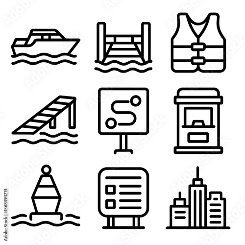 Urban Water Taxi Icons. Outline style icons of Urban Water Taxi Service: water taxi boat, pier dock, life jacket, boarding ramp,