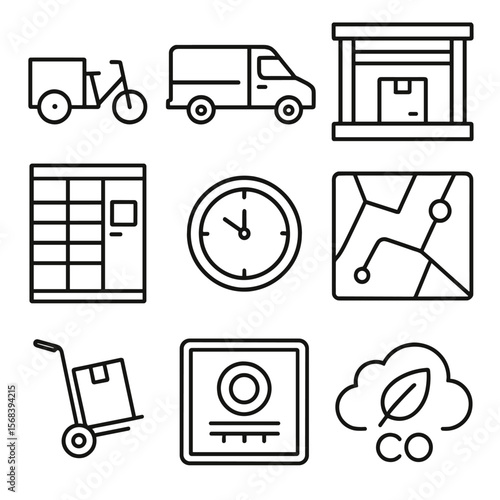 Urban Freight Delivery Icons. Outline style icons of Urban Freight Delivery: cargo bike, delivery van, loading dock, parcel locker