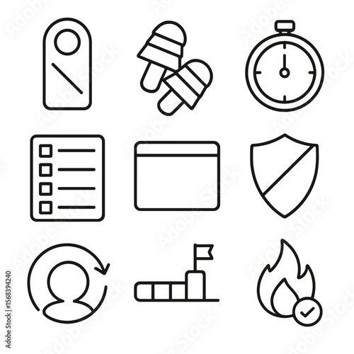 Focus and Productivity Icons. Outline style icons of Focus and Deep Work: do-not-disturb sign, noise blocker earplug, focus timer