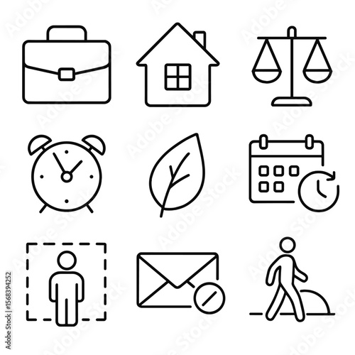 Work-Life Balance Icons. Outline style icons of Work-Life Balance: work briefcase, home house icon, balance scale, break alarm