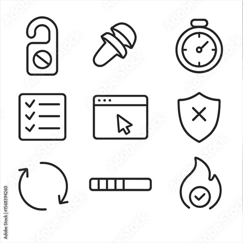 Focus and Productivity Icons. Outline style icons of Focus and Deep Work: do-not-disturb sign, noise blocker earplug, focus timer