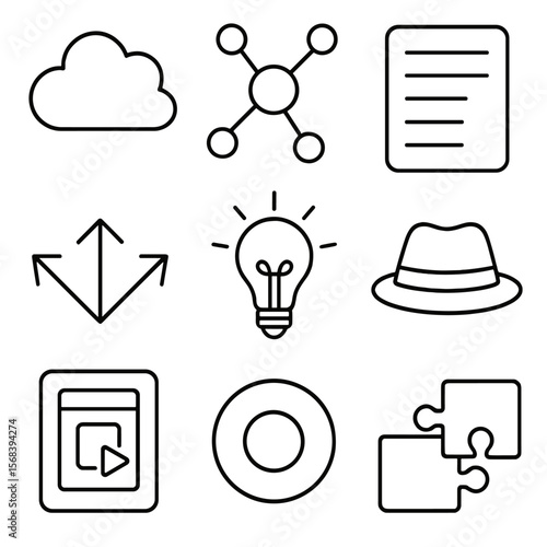 Creative Workshop Icons. Outline style icons of Creative Problem-Solving Workshop: brainstorming cloud, mind map branches, SCAMPER