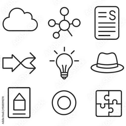 Creative Workshop Icons. Outline style icons of Creative Problem-Solving Workshop: brainstorming cloud, mind map branches, SCAMPER