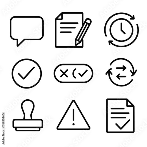 Feedback & Revision Icons. Outline style icons of Feedback & Revision Cycle: comment bubble, change request sheet, version history