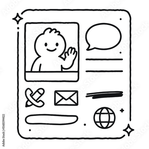 Outline Icon Design. Outline style icons of Illustrated Character Card: hand-drawn mascot, doodle border, name sketch line, role