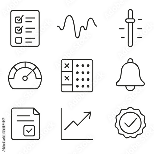 Data Quality Icons. Outline style icons of Data Quality Monitoring: rule checklist, anomaly wave, threshold slider, KPIs gauge,