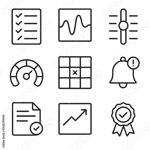 Data Quality Icons. Outline style icons of Data Quality Monitoring: rule checklist, anomaly wave, threshold slider, KPIs gauge,