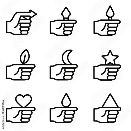 Decorative Hand Tips. Outline style icons of Decorative Hand Tips: arrowhead tip, diamond tip, spear tip, leaf tip, crescent tip,