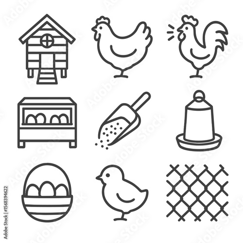 Poultry Yard Icons. Outline style icons of Poultry Yard Setup: chicken coop, hen icon, rooster call symbol, nesting box, feed
