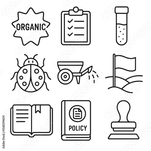 Organic Certification Icons. Outline style icons of Organic Certification Process: organic seal, inspection clipboard, soil test