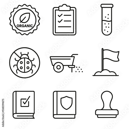Organic Certification Icons. Outline style icons of Organic Certification Process: organic seal, inspection clipboard, soil test