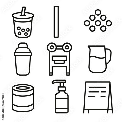 Bubble Tea Icons. Outline style icons of Bubble Tea Station: sealed cup, fat straw, tapioca pearls, shaker tumbler, sealing