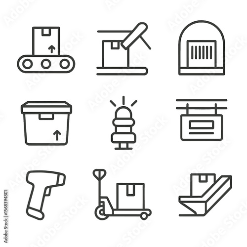 Warehouse Sorting Icons. Line style icons of Warehouse Sorting Lanes: conveyor belt, parcel diverter arm, barcode tunnel, tote bin
