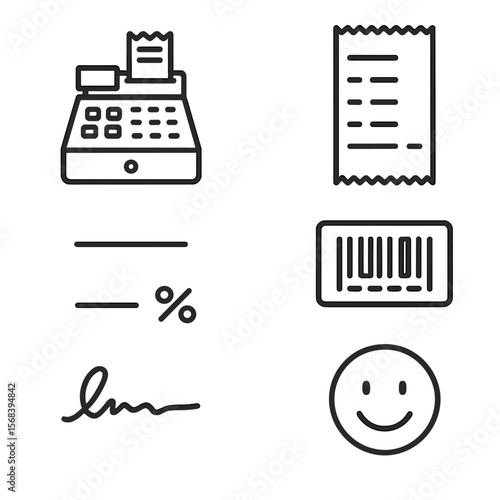 POS Receipt Icons. Line style icons of Point-of-Sale Receipt: cash register, item list strip, subtotal line, tax add row, tip