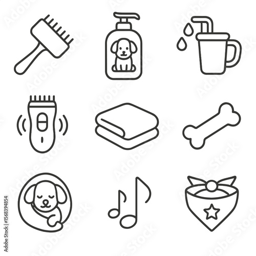 Puppy's First Grooming Essentials. Line style icons of Puppy’s First Groom: gentle slicker, puppy shampoo, tear-free rinse cup,